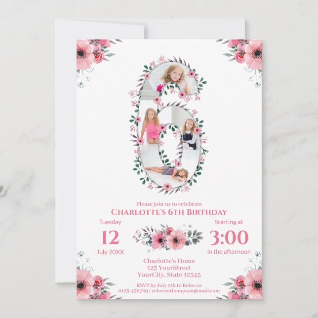 Convites Grande 6 Birthday Rapariga Fotografia Collage Flor (Frente)