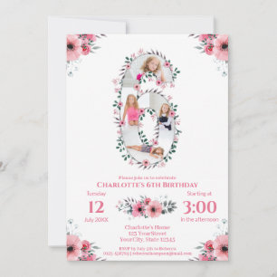 Convites Grande 6 Birthday Rapariga Fotografia Collage Flor