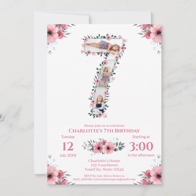 Convites Grande 7 Birthday Rapariga Fotografia Collage Flor (Frente)