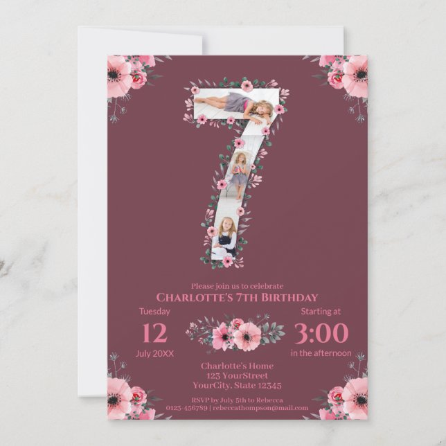 Convites Grande 7 Birthday Rapariga Fotografia Collage Flor (Frente)