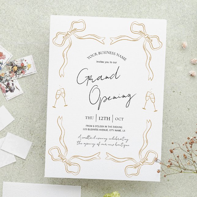 Convites Grande Abertura da Empresa Desenhou Moderno Único (Create unique invitations for your grand opening with this hand drawn bow company invite design)