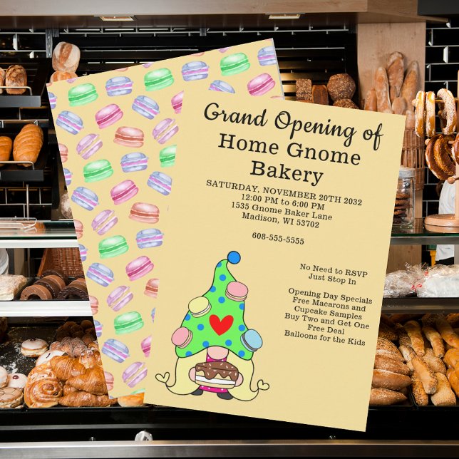 Convites Grande Abertura da padaria Gnomo-pastelaria (Grand Opening Gnome Bakery Pastry Cakes Treats Invitation, business, company, baker, open house,)