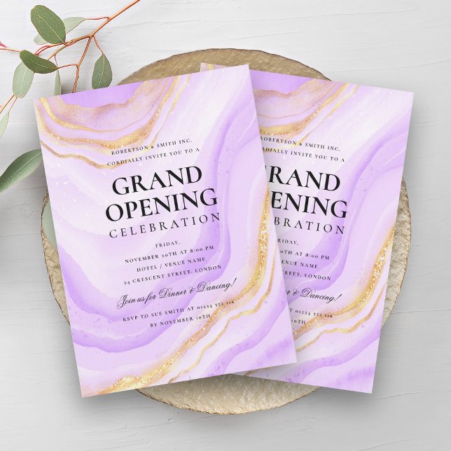 Convites Grande Abertura Formal Lâmpada Dourada Roxa (Formal Grand Opening Purple Gold Marble Glitter Invitation)