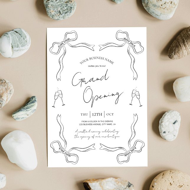 Convites Grande Abertura - Negros e Brancos Desenhados (Elegant hand drawn whimsical business grand opening event invitations in black and white)