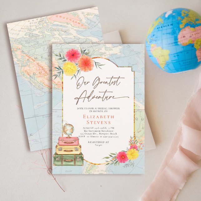 Convites Grande Aventura, Mapa Mundial Floral, Viagem Brida (travel bridal shower invitation floral watercolor world map suitcases elegant modern chic)