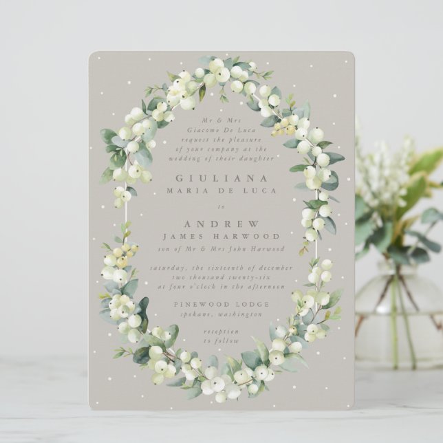 Convites Grande Casamento Formal Bege Snowberry+Eucalipto (Em pé/Frente)