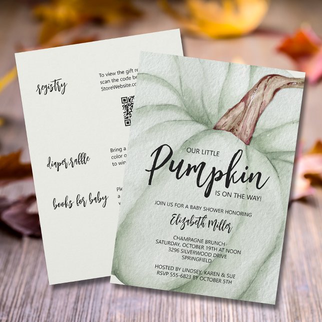 Convites Grande Chá de fraldas verde de abóbora tudo em um  (Green pumpkin baby shower all in one invitations,  registry, diaper raffle & books for baby on back)