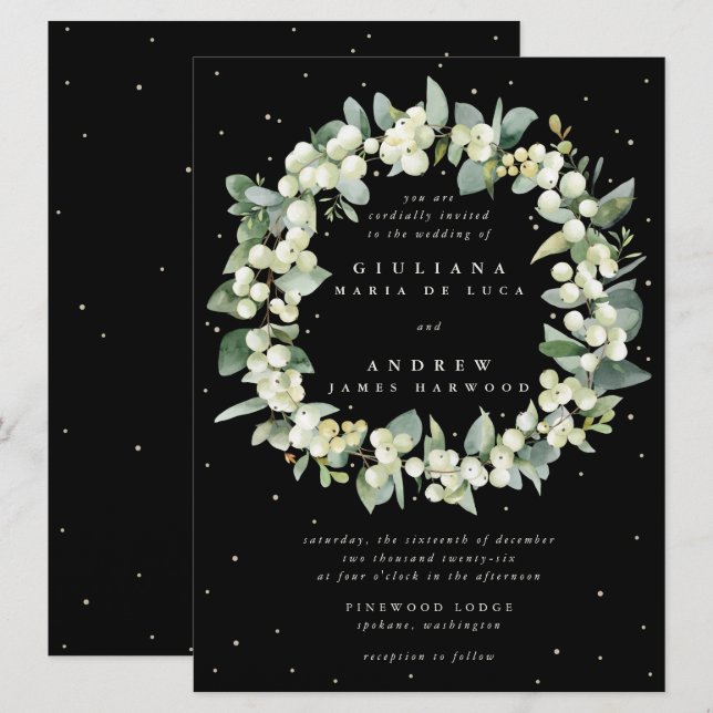 Convites Grande Coroa de Casamento de Snowberry Preto + Euc (Frente/Verso)