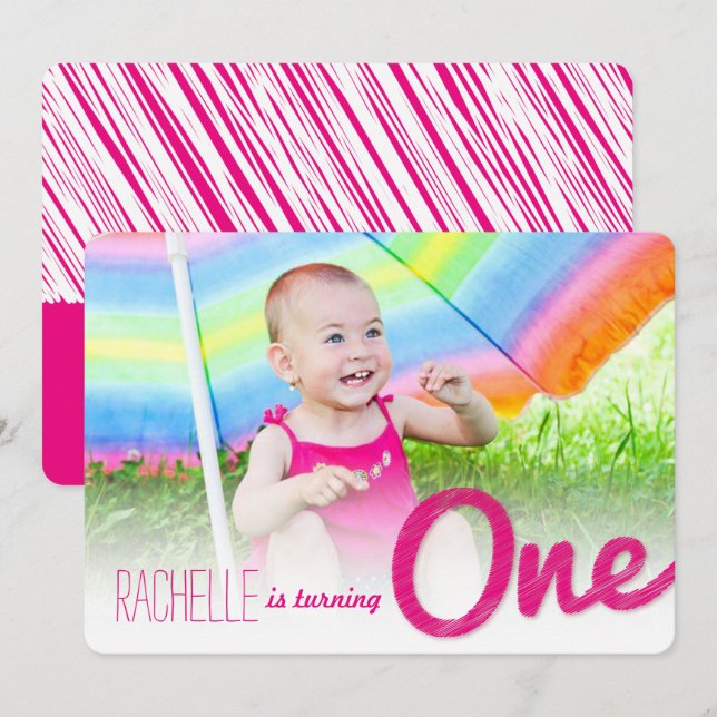 Convites Grande Desenho Rosa, Festa de primeiro aniversario (Frente/Verso)