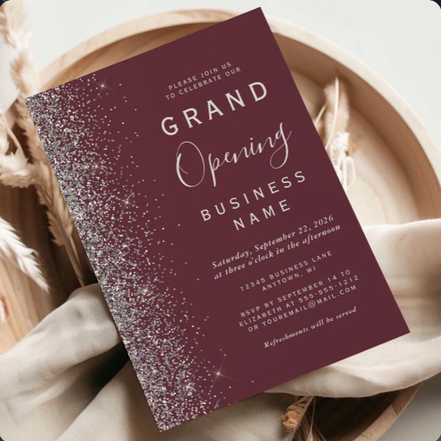 Convites Grande Inauguração Empresarial Burgundy com Brilho (Criador carregado)