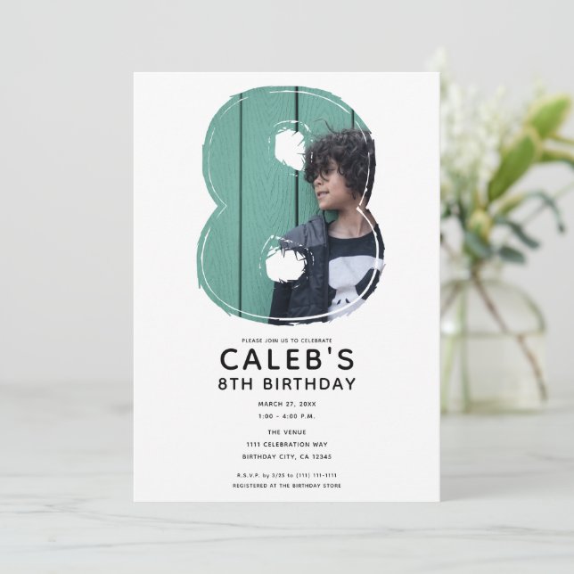 Convites Grande Número 8 Oito Foto 8º Festa de Aniversário (Em pé/Frente)