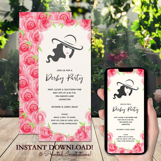 Convites Grande Partido do Chapéu e Rosas Derby (Big Hat and Roses Derby Party Invitations - INSTANT DOWNLOAD and printed!)