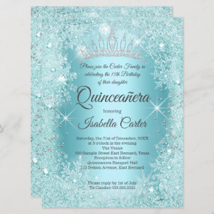 Convites Grande Quinceanera Teal Snowflake Winter Wonderlan