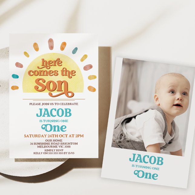Convites Grande Sol Vem Aqui A Festa Do primeiro aniversari (Here comes the sun first birthday invitation, Sun 1st birthday invitation, Retro, Sunshine birthday)