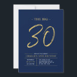 Convites Grande Trinta | Partido aniversário de 30 anos Azu<br><div class="desc">Celebre seu dia especial com este simples convite de festas na moda. Este design apresenta um script de pincel "The Big 30" com um layout limpo em uma combinação de cores azul e dourada do marinho. Há mais designs e suprimentos de festas disponíveis no meu compro,  BaraBomDesign.</div>