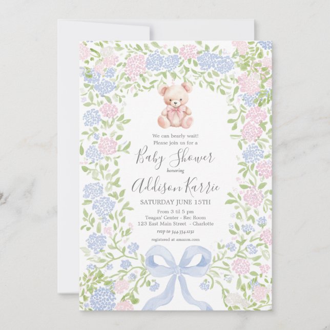 Convites Grandmillennial pink  Bear baby shower invite (Frente)
