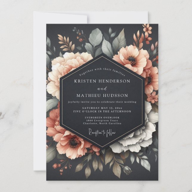 Convites Graphite Coral Somber Flora Wedding (Frente)