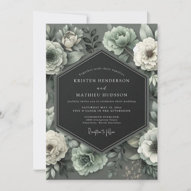 Convites Graphite Mint Bloom Wedding (Frente)
