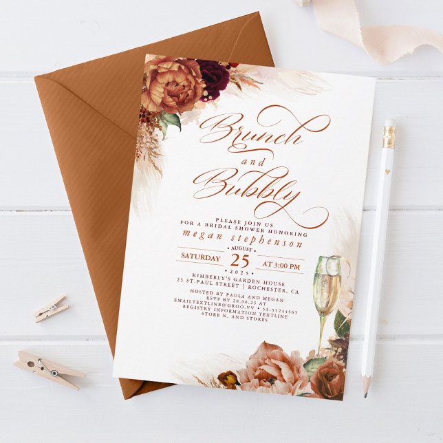 Convites Grass de amêijoa de Chá de panela Brunch e Bubble (Brunch and Bubbly Bridal Shower Invitations for Fall Celebration)