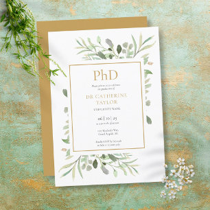 Convites Grau de Phd Aquarela Verde Dourado Graduação