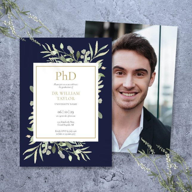 Convites Grau de PhD Azul Marinho Verde Foto Graduação (Phd Degree Navy Blue Greenery Photo Graduation Invitation)
