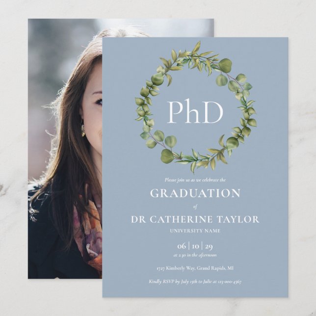 Convites Grau de PhD Blue Garland Foto Formatura (Frente/Verso)