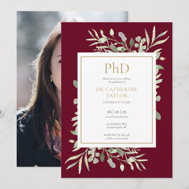 Convites Grau de PhD Burgundy Verde Foto Graduação (Frente/Verso)