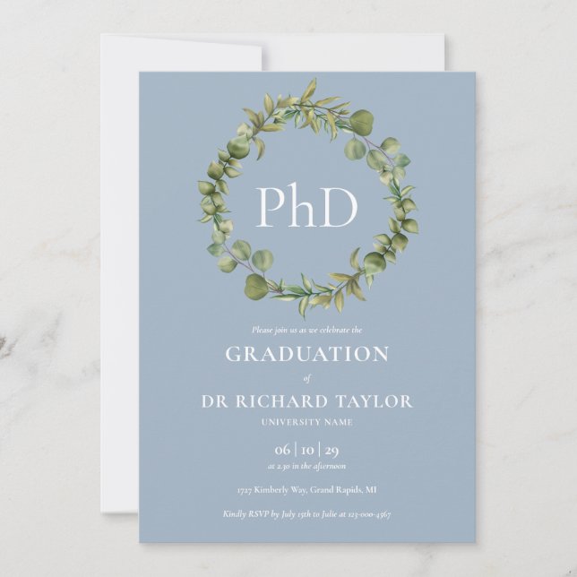 Convites Grau de PhD Dusty Blue Garland Graduação (Frente)