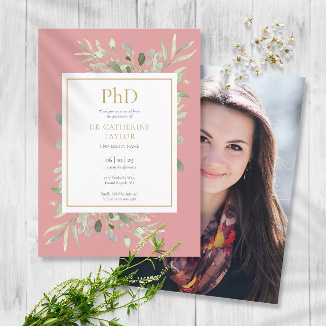 Convites Grau de PhD Dusty Rose Greenery Foto Graduação (Criador carregado)