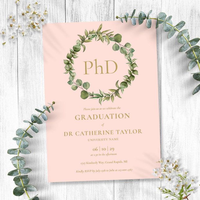 Convites Grau de PhD Grinalda Rosa Bege Formatura (PhD Degree Blush Pink Garland Graduation Invitation)