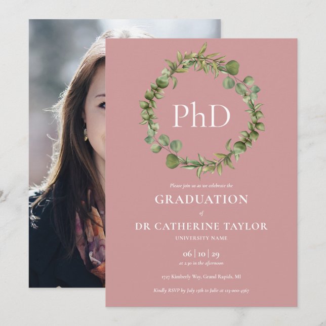 Convites Grau de PhD Grinalda Rosa Empoeirada Foto Graduaçã (Frente/Verso)