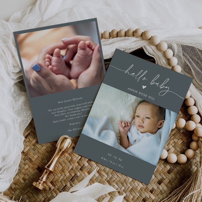 Convites Gray Boho Photo Hello Baby Announcement Card (Criador carregado)