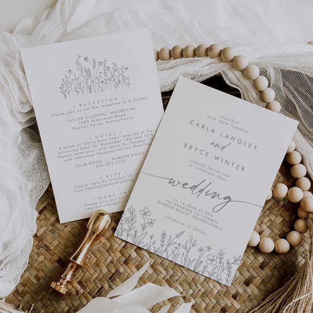 Convites Gray Calligraphy Wildflower Front and Back Wedding (Criador carregado)