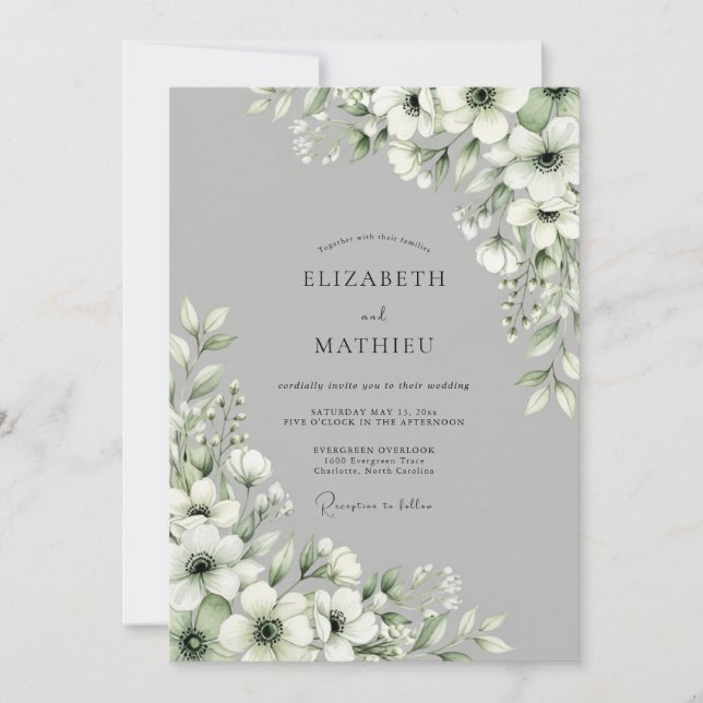 Convites Gray Floral Bloom Wedding (Frente)
