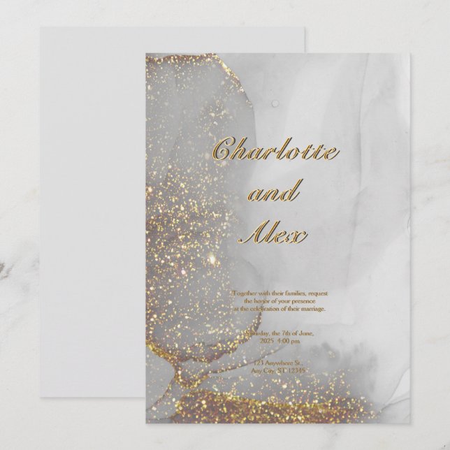 Convites Gray Glitter Chic Alcohol Ink Wedding Invitation (Frente/Verso)