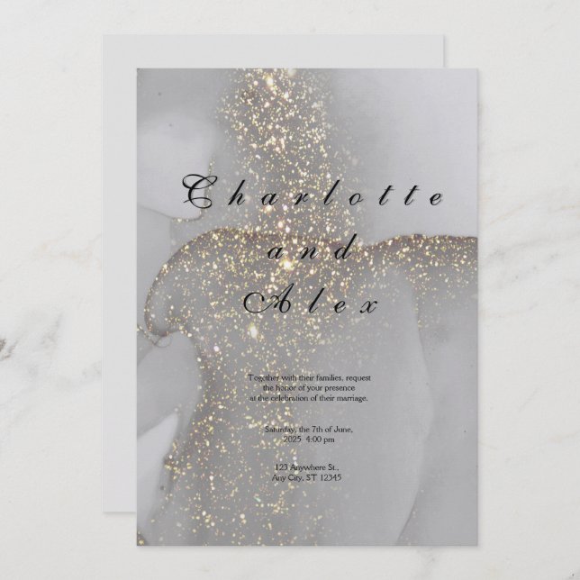 Convites Gray Glitter Elegant  Ink Wedding Invitation (Frente/Verso)