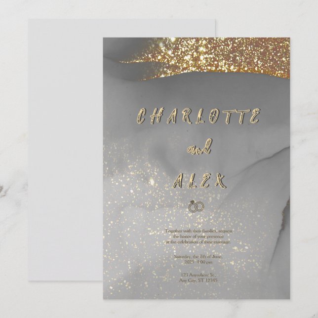 Convites Gray Gold Glitter Chic Ink Wedding Invitation (Frente/Verso)