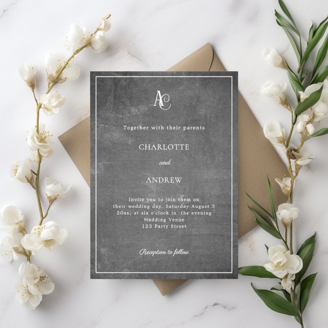Convites Gray modern monogram rustic wedding (Criador carregado)