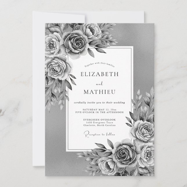 Convites Gray Painterly Floral Romance Wedding (Frente)
