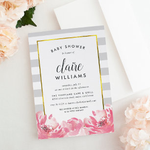 Convites Gray Stripe & Pink Peony Baby Shower Invitation