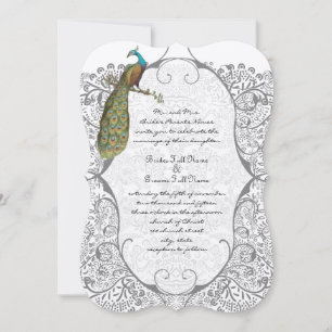 Convites Gray Whimsical  Peacock Love Bird Pattern Wedding