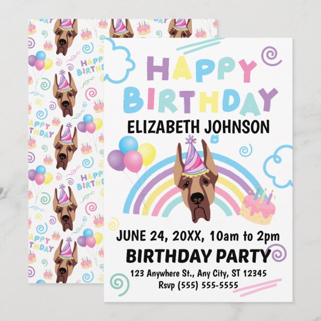 Convites Great Dane Birthday Invitation (Frente/Verso)