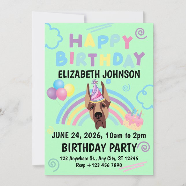 Convites Great Dane Birthday Invitation in Green (Frente)