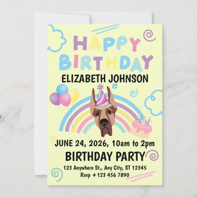 Convites Great Dane Birthday Invitation in Yellow (Frente)