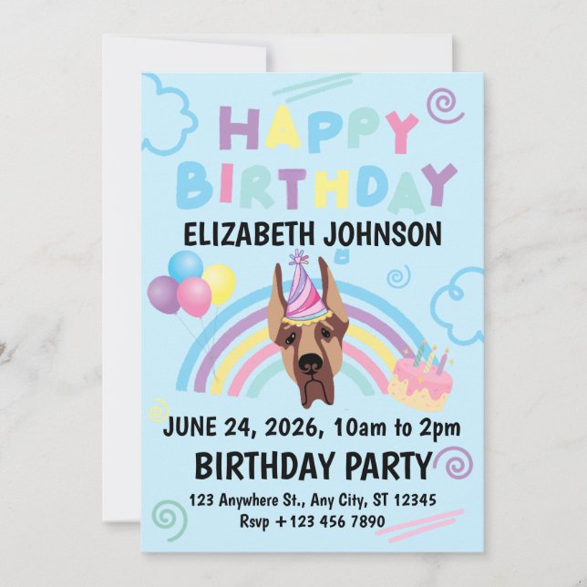 Convites Great Dane Birthday Party Invitation Blue (Frente)