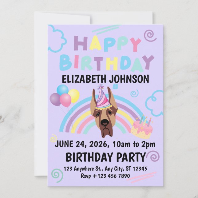 Convites Great Dane Birthday Party Invitation Purple (Frente)