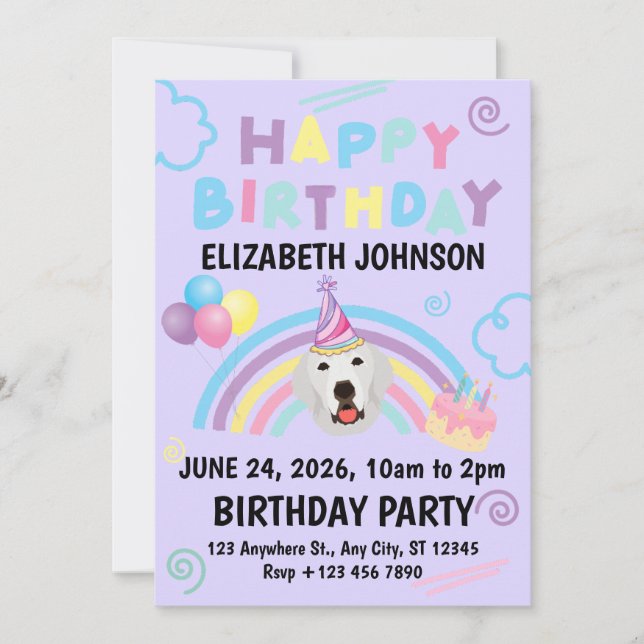 Convites Great Pyrenees Birthday Party Invitation Purple (Frente)
