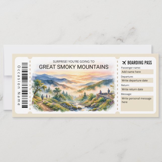 Convites Great Smoky Mountains Trip Boarding Pass Ticket (Frente)