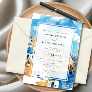 Convites Grécia Elegante Santorini Destino Azul e Branco