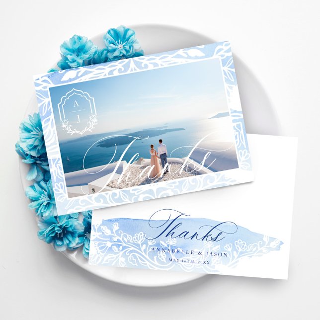 Convites Grécia Obrigados Casamento Script Monograma Foto (Greece Wedding Thanks Script Monogram Photo Invitation)